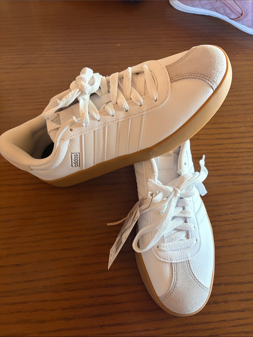 adidas White Sneakers with Gum Sole and Light Gray Suede - Picture 2 of 8